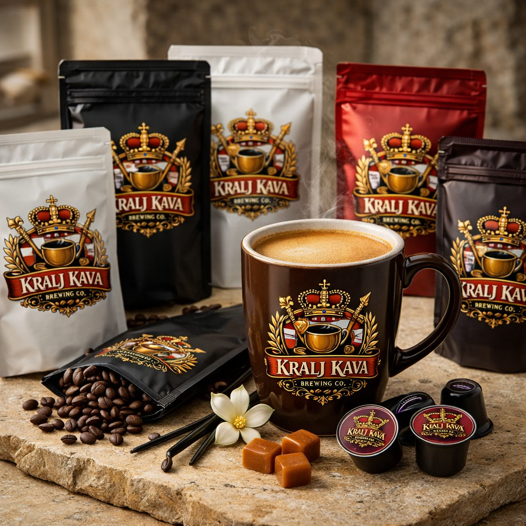 A black stand-up pouch of Krali Kava Brewing Co. Bali Blue Coffee stands on a wooden table with coffee beans and a small wooden scoop in front.