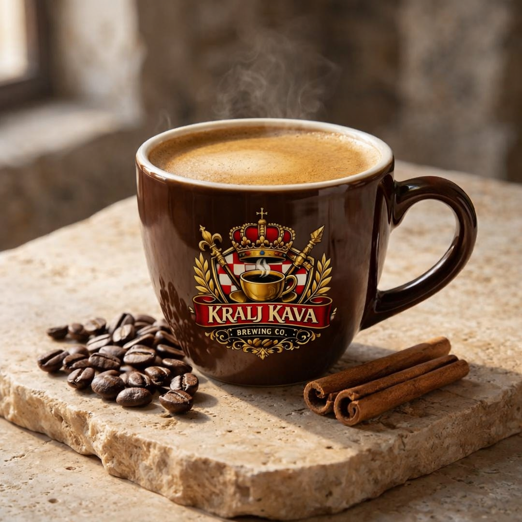 A stand-up pouch of Krali Kava Brewing Co. French Roast Coffee is centered in the foreground, surrounded by scattered coffee beans on a wooden surface.