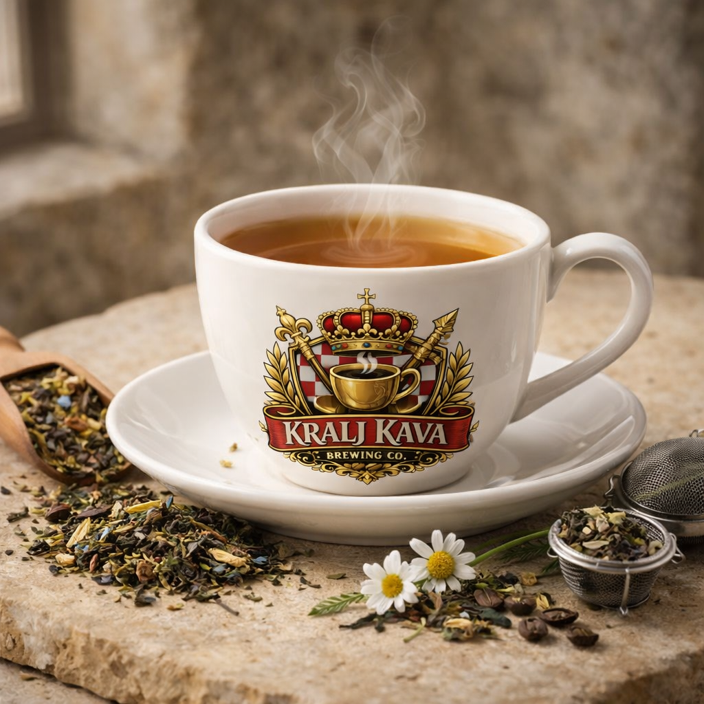 A kraft paper pouch of Krali Kava Brewing Co. Jasmine Loose Leaf Tea on a rustic wooden table, surrounded by white flowers, vanilla beans, and loose leaf tea.