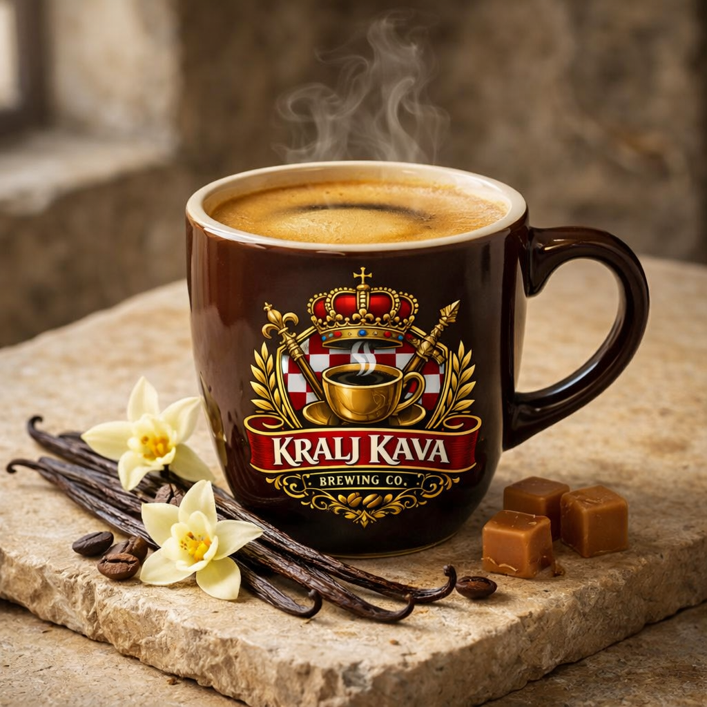 A black bag of Krali Kava Brewing Co. Pumpkin Spice Coffee stands on a wooden surface with coffee beans, dried orange slices, cinnamon, star anise, and a small pumpkin in a softly blurred kitchen setting.