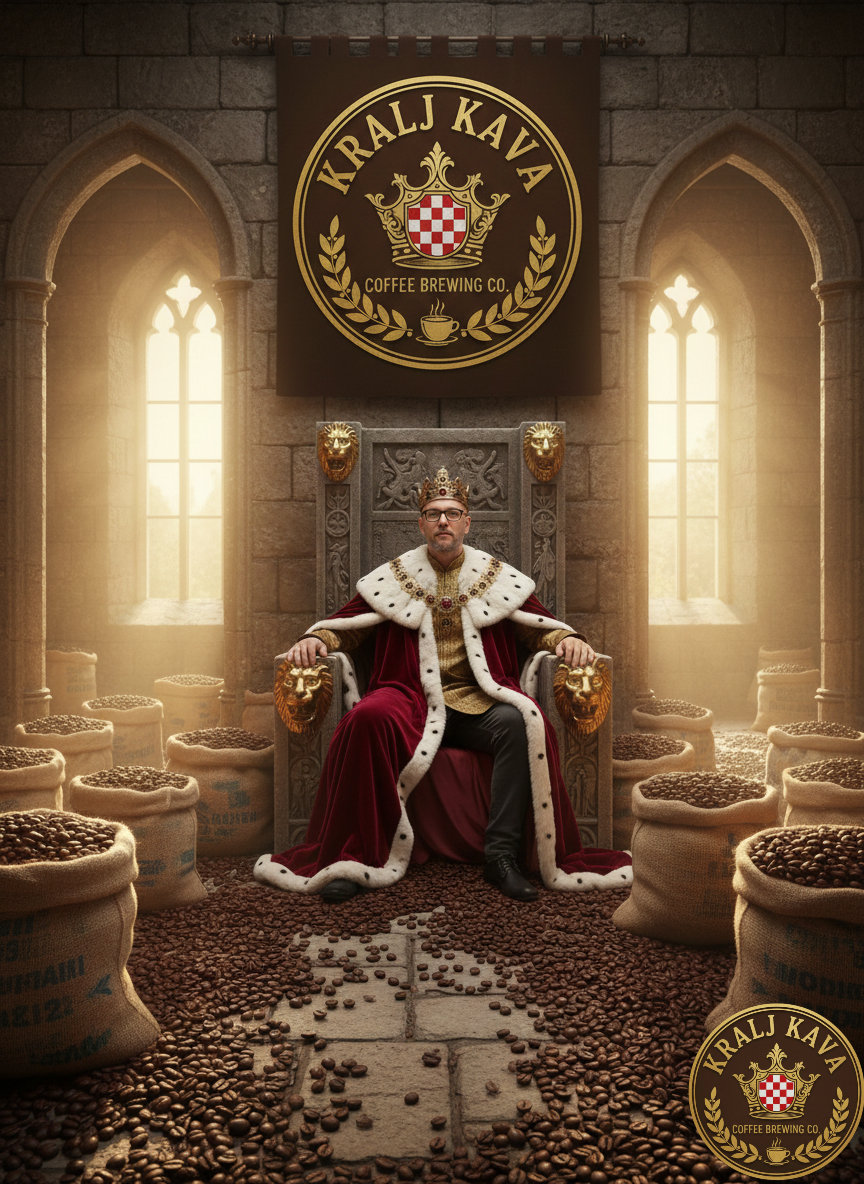 Man in royal attire sitting on a throne surrounded by coffee beans with 'Kralj Kava' branding.