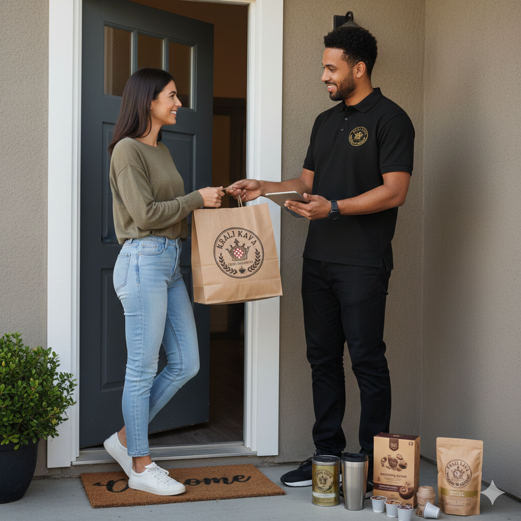 Man delivering Kralj Kava Brewing Co. coffee to a customer. 