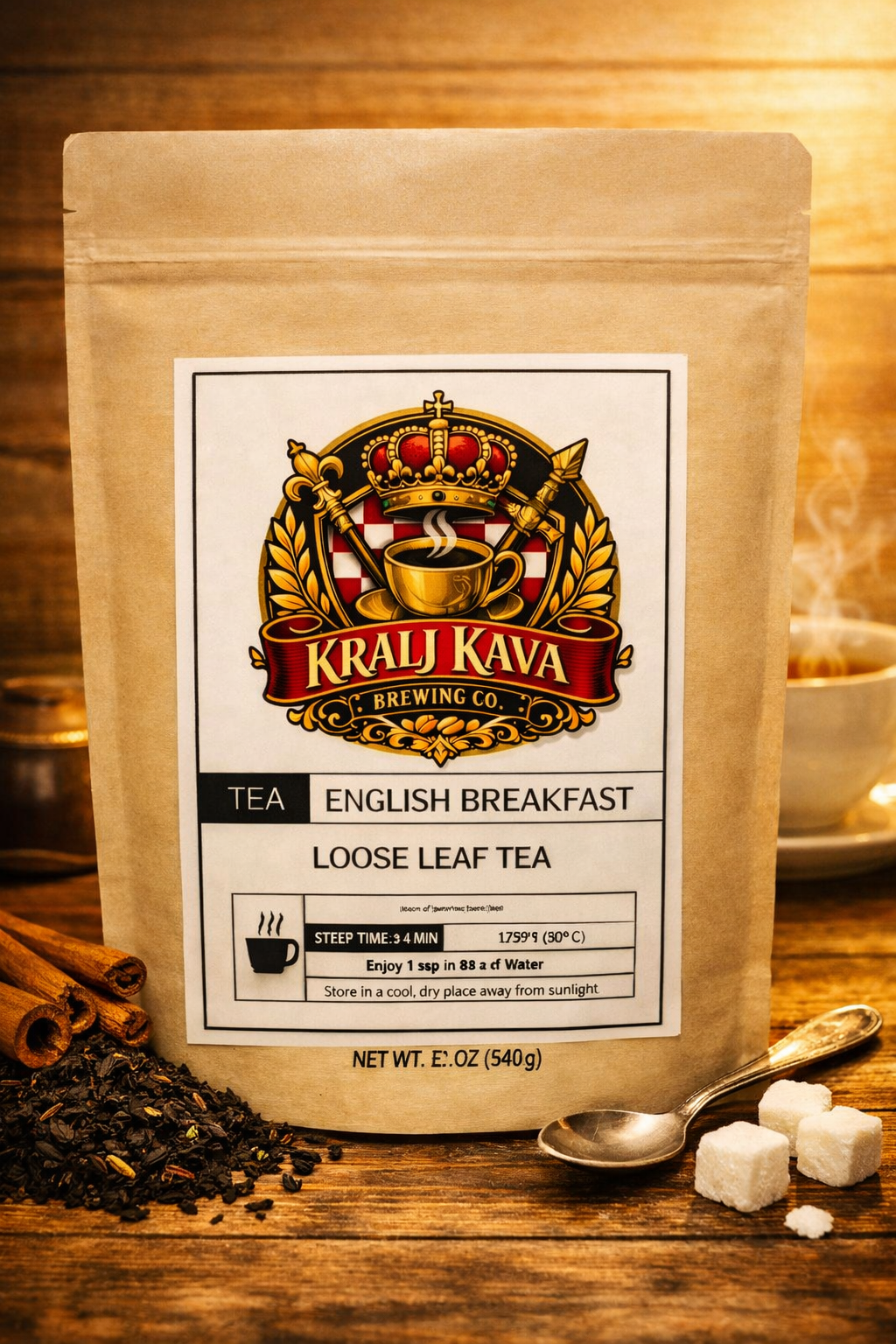 A stand-up kraft paper pouch of Krali Kava Brewing Co. English Breakfast Loose Leaf Tea on a rustic wooden table, with loose tea leaves, cinnamon sticks, a spoon, and sugar cubes arranged around it. Collage