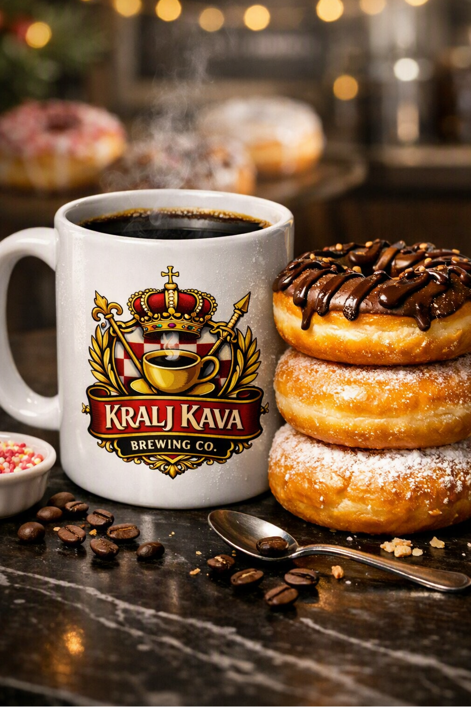 A white ceramic mug printed with the Kralj Kava Brewing Co. logo, filled with black coffee and placed on a dark tabletop beside a stack of three glazed donuts and scattered coffee beans.