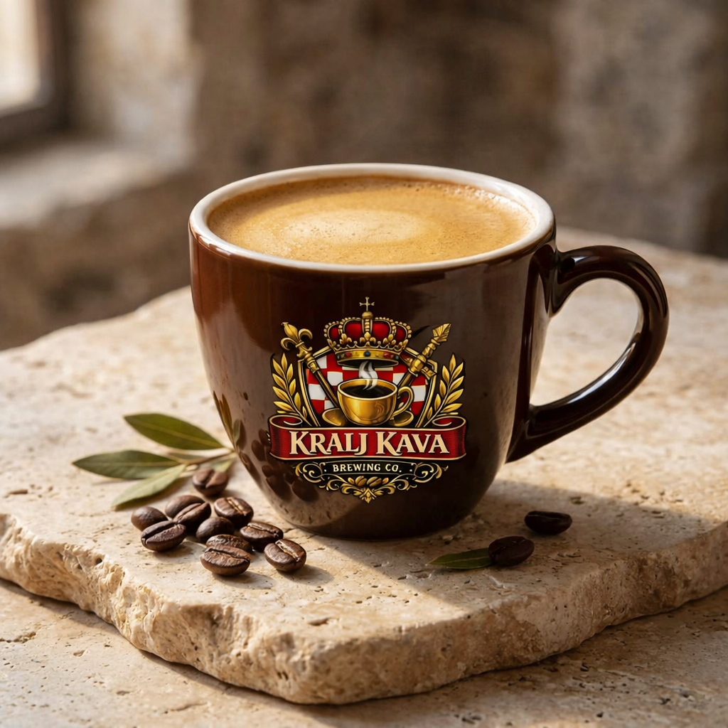 A dark brown ceramic coffee mug with a detailed 'Kraji Kava' logo on the front, filled with coffee and resting on a rustic stone slab with scattered coffee beans.