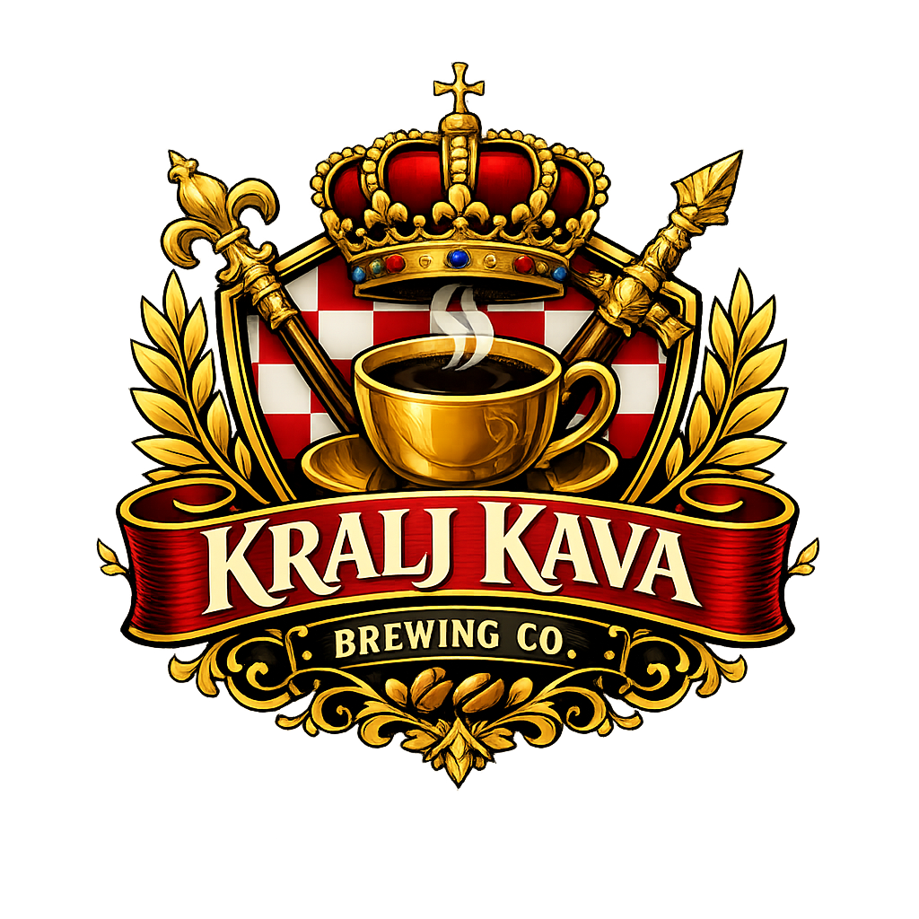 A stylized royal crest-style logo for Kralj Kava Brewing Co., featuring a gold crown, crossed spears, a red-and-white checkered shield, a golden coffee cup with steam, laurel leaves, and a red ribbon banner reading “KRALJ KAVA BREWING CO.
