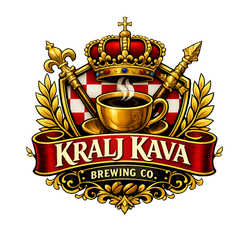 A stylized royal crest-style logo for Kralj Kava Brewing Co., featuring a gold crown, crossed spears, a red-and-white checkered shield, a golden coffee cup with steam, laurel leaves, and a red ribbon banner reading “KRALJ KAVA BREWING CO.