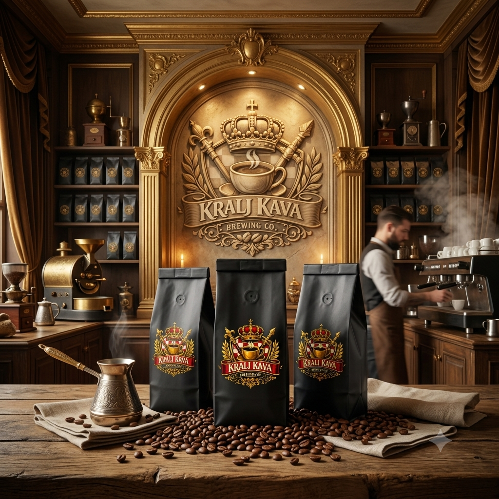 Three black bags of Krau Kava Brewing Co. coffee beans arranged on a wooden table in a luxurious, warm-toned coffee shop interior.