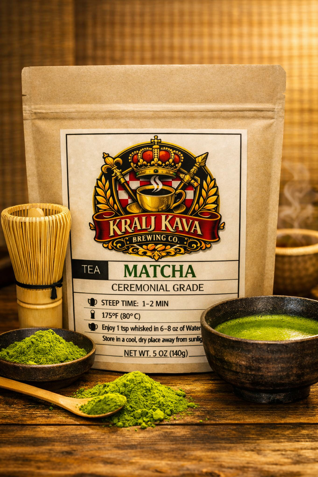 A stand-up pouch of Krali Kava Brewing Co. ceremonial grade matcha tea stands on a wooden surface with a bamboo whisk, bowls of green matcha powder, and a bowl of prepared green tea in a warm, rustic setting. Collage