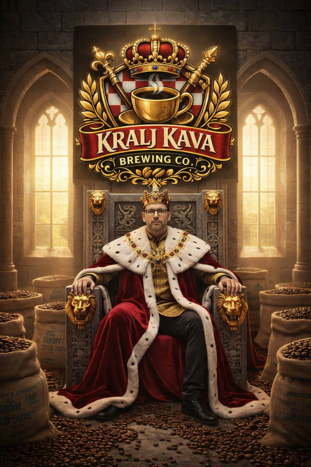 Promotional artwork for Krali Kava Brewing Co. showing a crowned man in a red and white fur-trimmed robe seated on a throne, with large sacks of coffee beans around him and a large branded sign above him reading 'Krali Kava Brewing Co.