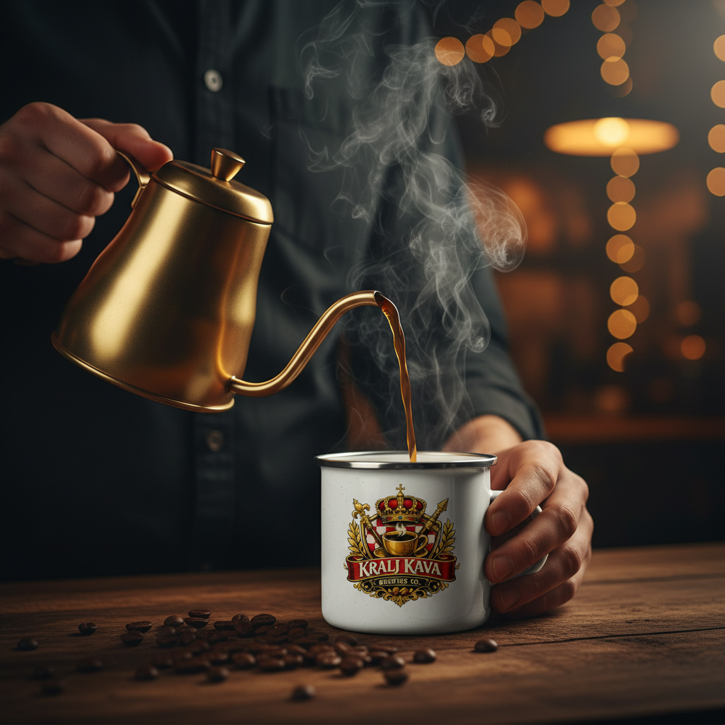 Barista Pouring Coffee into Kralj Kava Enamel Mug