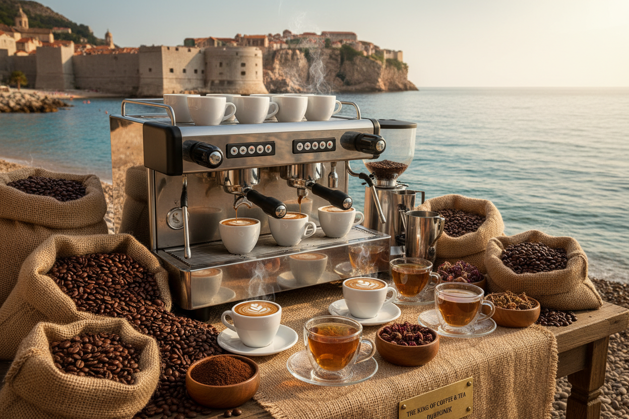  Dubrovnik Croatia on the beach with sacks of coffee beans and tea leaves and a coffee machine and hot cups of coffee
