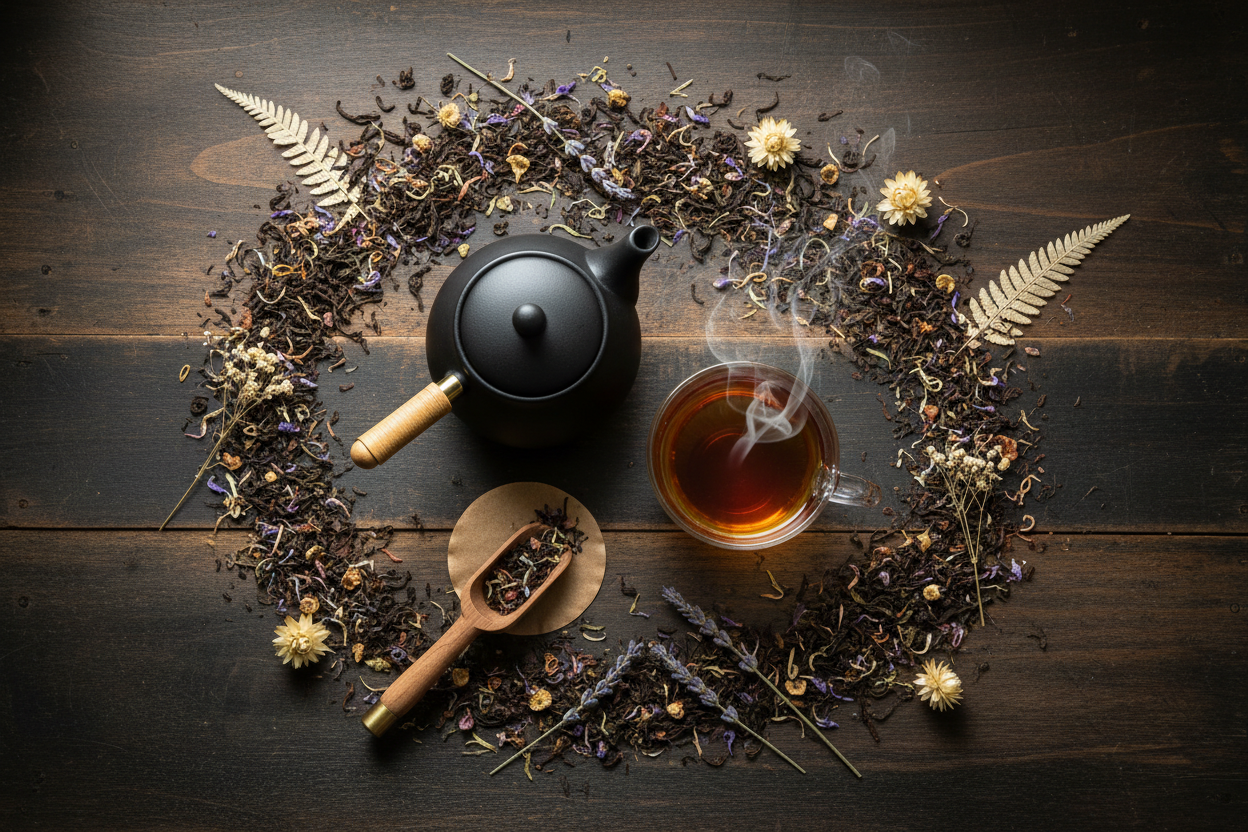 Translation missing: en.A dark ceramic teapot with a light wood handle sits beside a steaming glass cup of amber tea, surrounded by loose dried flowers, herbs, and tea leaves arranged on a dark wooden surface