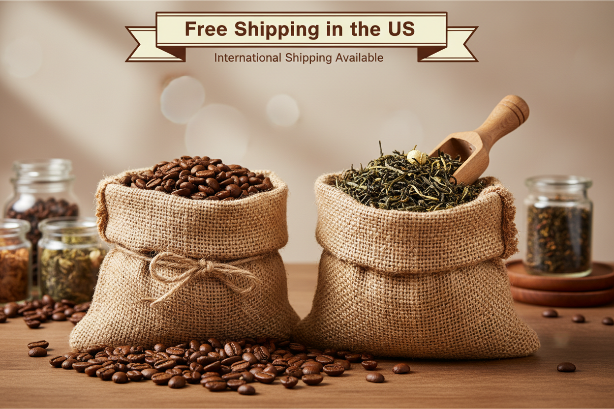 Two bags of coffee and tea with scattered beans and leaves on a wooden surface, featuring text about shipping.