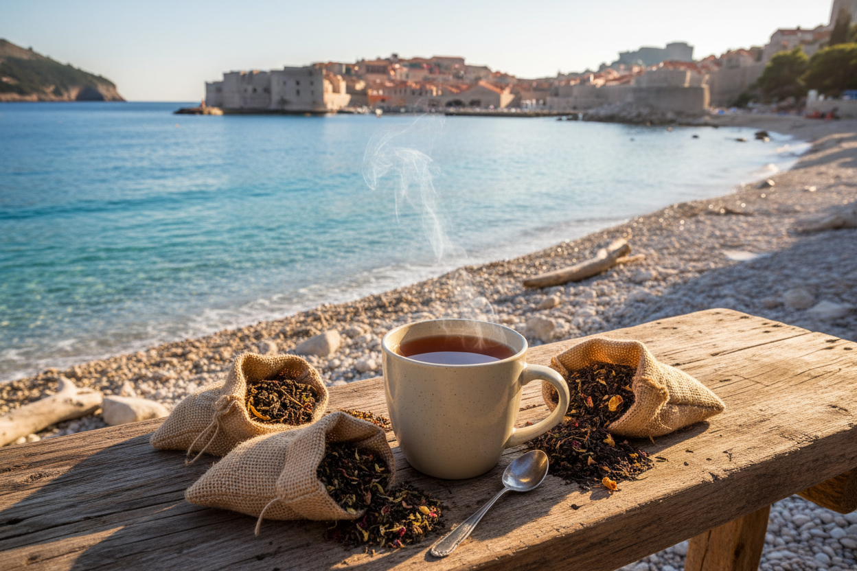 hot cup of tea with sacks of tea leaves in Dubrovnik Croatia on the beach 