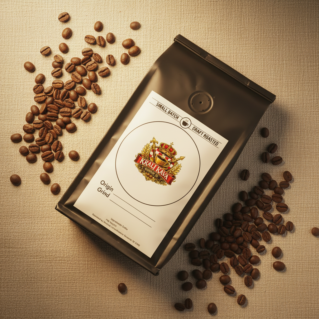 Kralj Kava Brewing Co. small batch craft roasted coffee bag on warm linen surface surrounded by scattered whole coffee beans