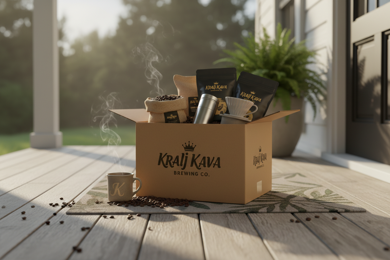Kraj Kava Brewing Co. box on a wooden deck with coffee packaging and a cup.