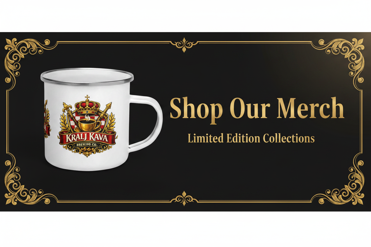 “Kralj Kava branded mugs and merchandise for coffee lovers.”